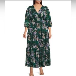 Maison Tara Plus Size Floral Print 34 Sleeve Chiffon V-Neck Tiered Maxi Dress